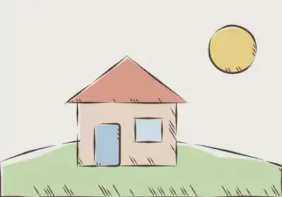 线稿淡彩风格的房子与太阳